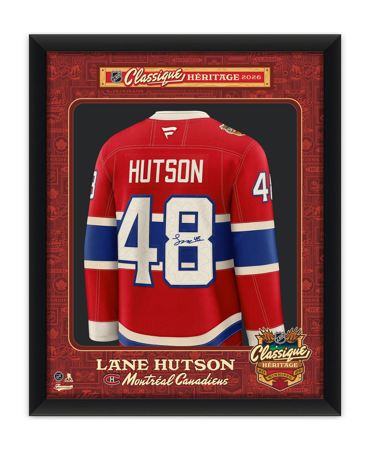 Lane Hutson signed framed 34x42 Montreal Canadiens 2026 Heritage Classic jersey, illustrative mock-up