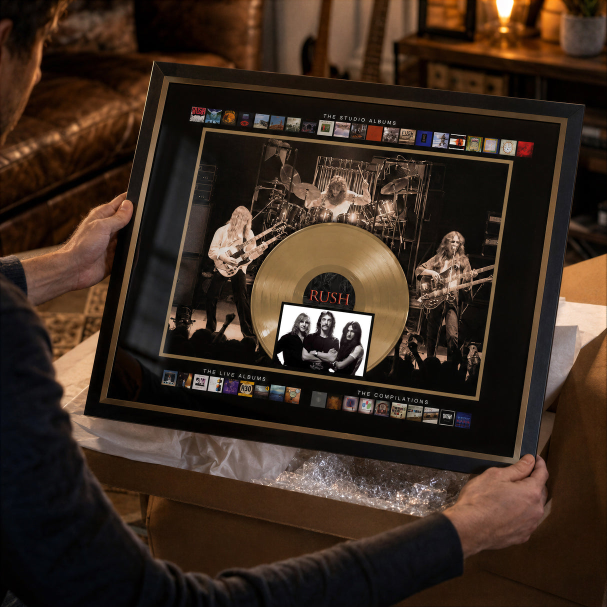 Rush Framed Album Collection Collage shown during unboxing and handling