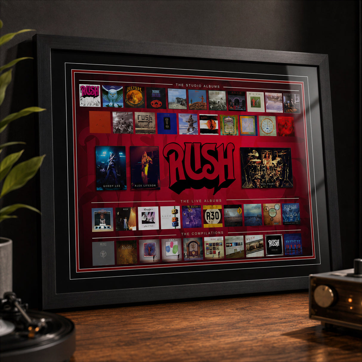 Rush Framed Album Collection Collage close-up on a music desk