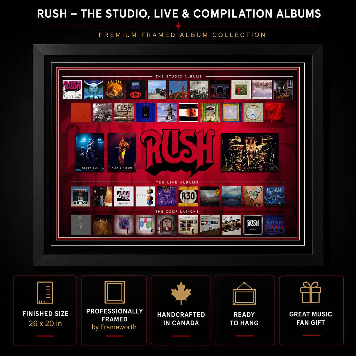 Rush premium framed album collection collage feature infographic