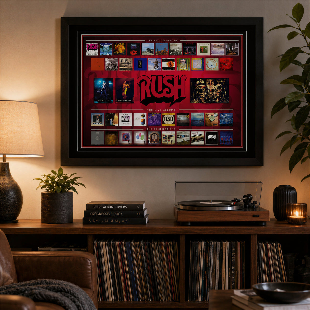 Rush Framed Album Collection Collage in a vinyl listening room
