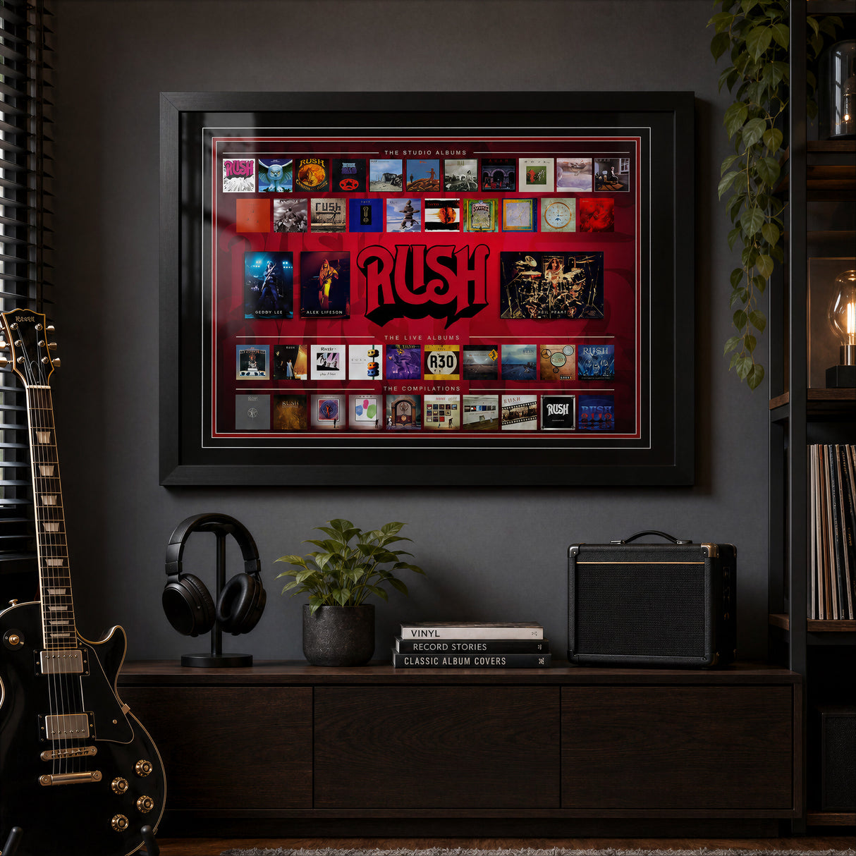 Rush Framed Album Collection Collage in a dark music room