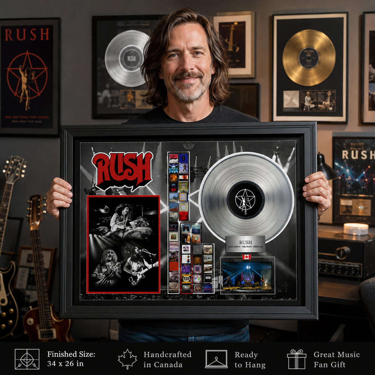Rush Framed Collage With Platinum LP held for scale lifestyle image