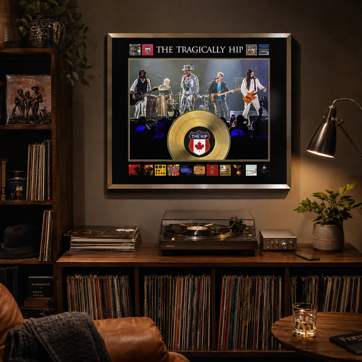 The Tragically Hip Framed Album Collage with Gold LP - Wall-mounted lifestyle in a music listening room