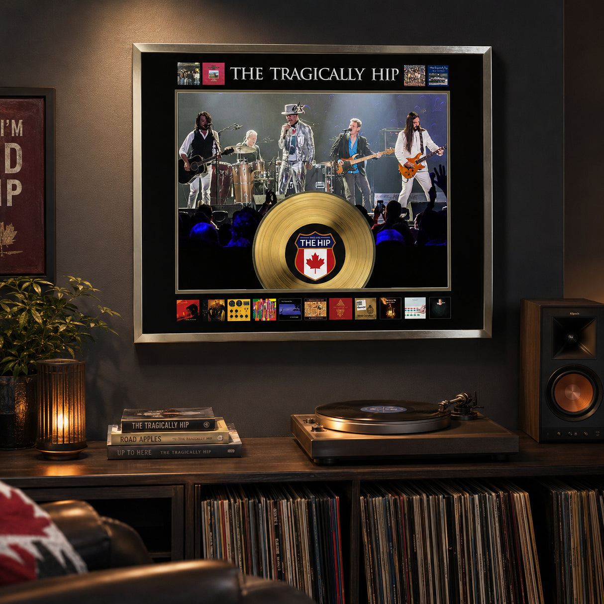 The Tragically Hip Framed Album Collage with Gold LP - Displayed above a record console in a music room