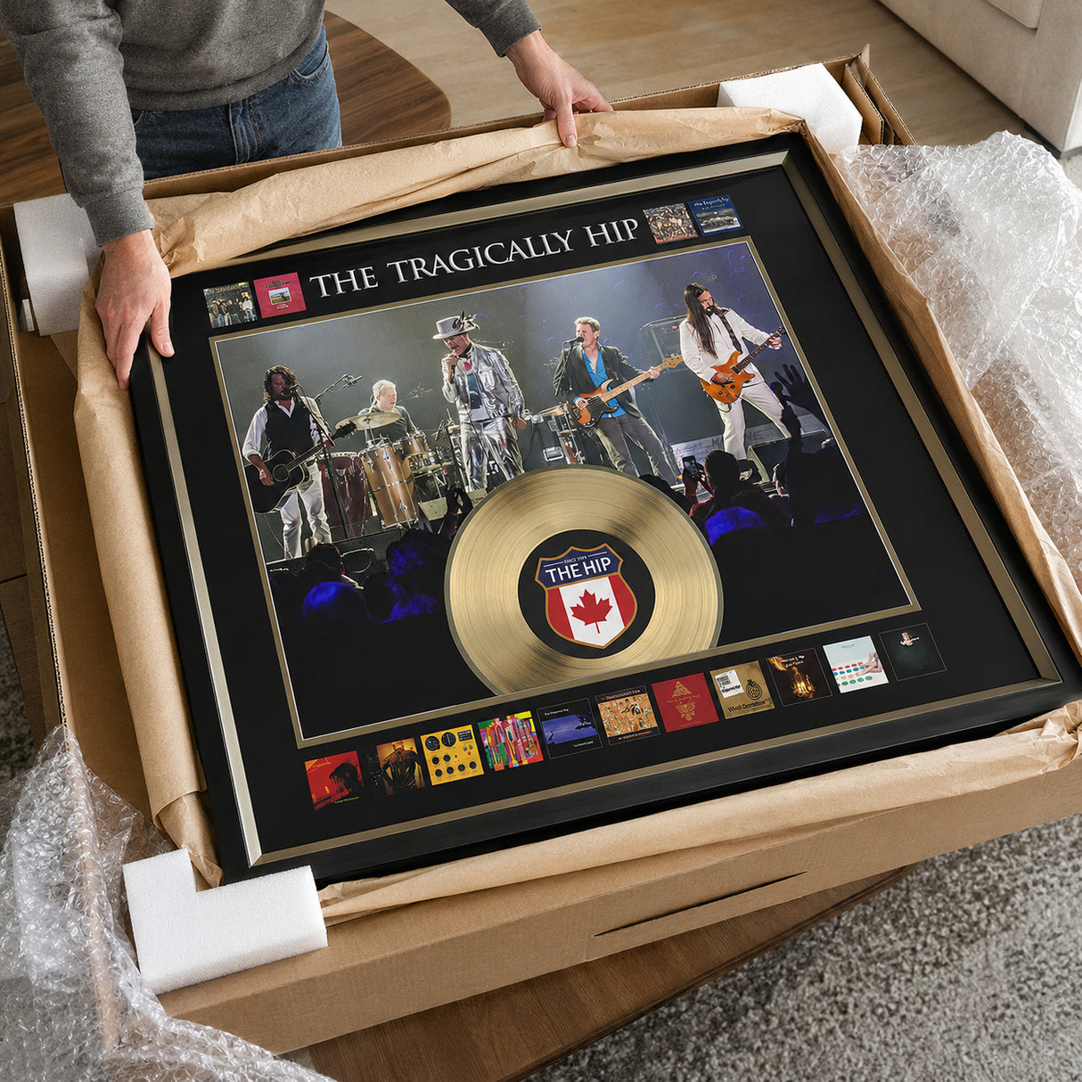 The Tragically Hip Framed Album Collage with Gold LP - Unboxing presentation in shipping packaging