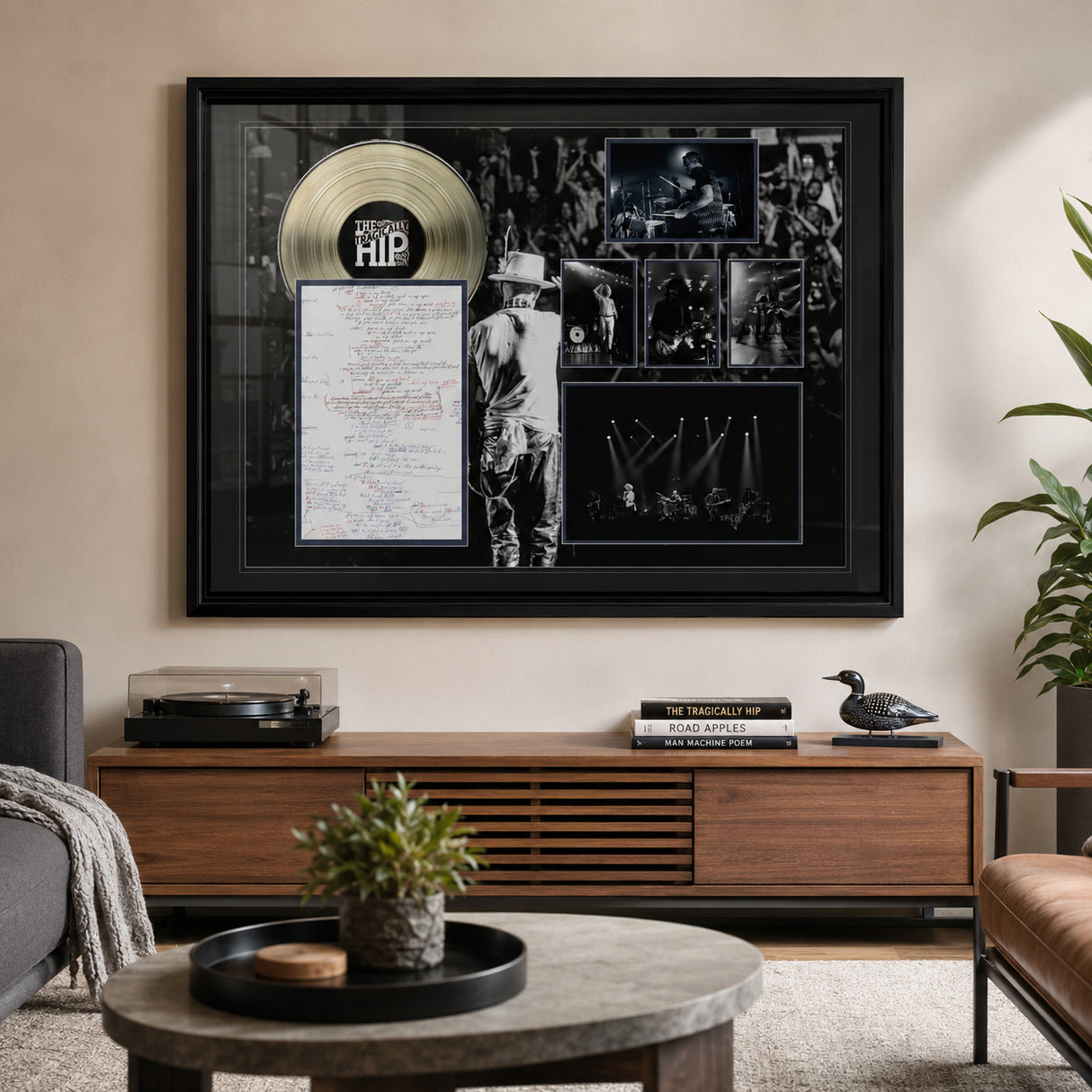 The Tragically Hip Framed On Tour Collage with Lyric Sheet and Silver LP room wall lifestyle image