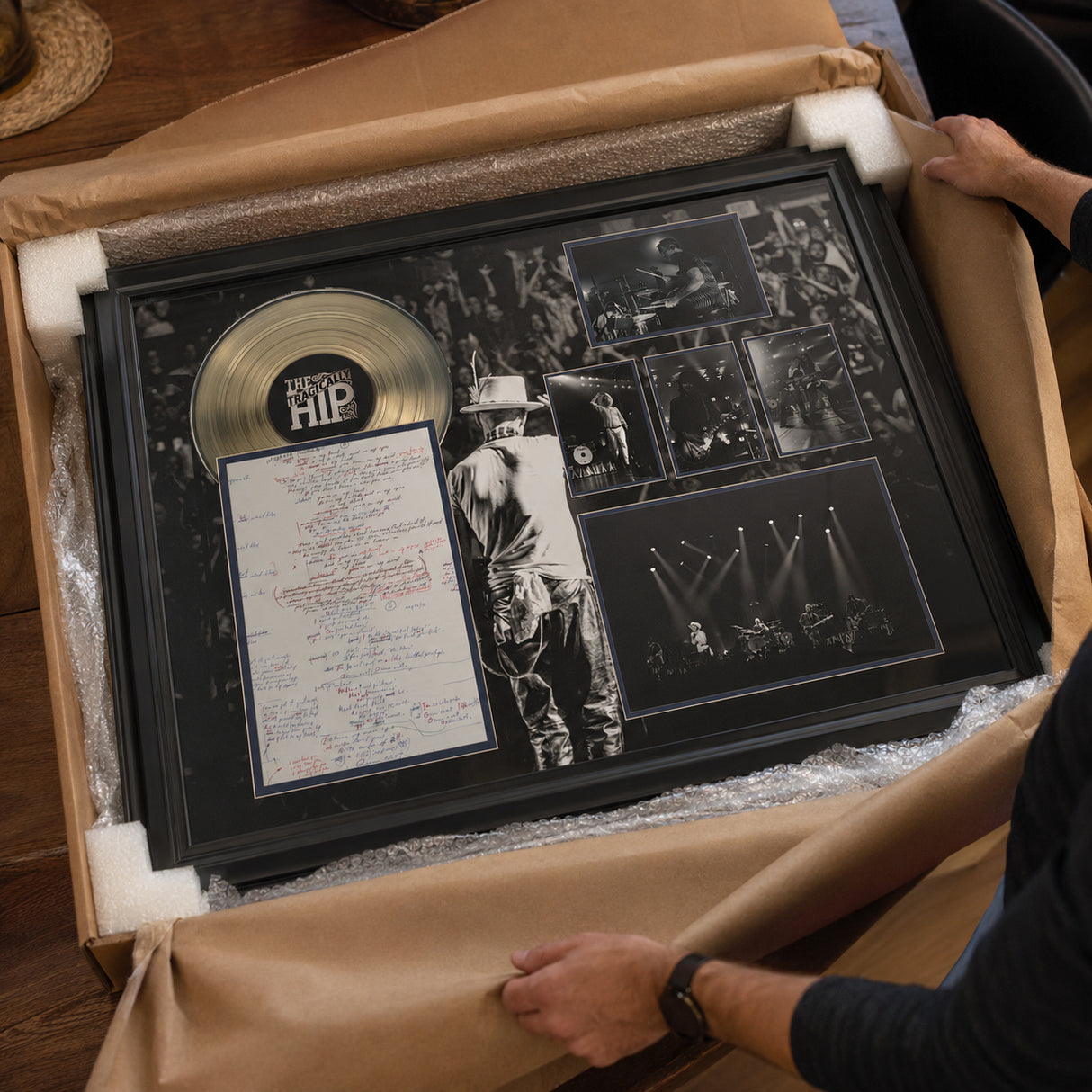 The Tragically Hip Framed On Tour Collage with Lyric Sheet and Silver LP unboxing lifestyle image