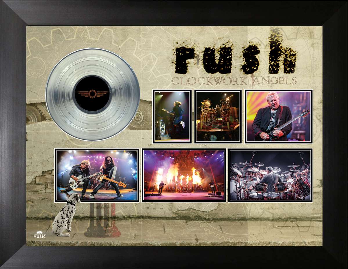 Framed music album cover with vinyl disc and concert photos, featuring the band 'RUSH'.