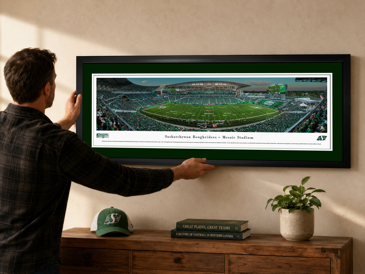 Saskatchewan Roughriders Panorama First Game at Mosaic 2017 Framed - lifestyle 1