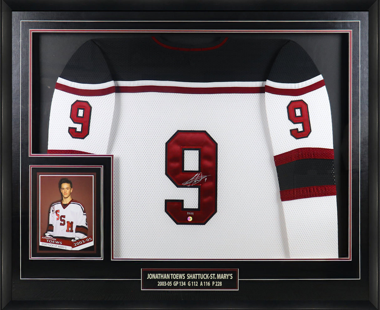 Jonathan Toews Signed Framed Shattuck St. Mary's White Jersey