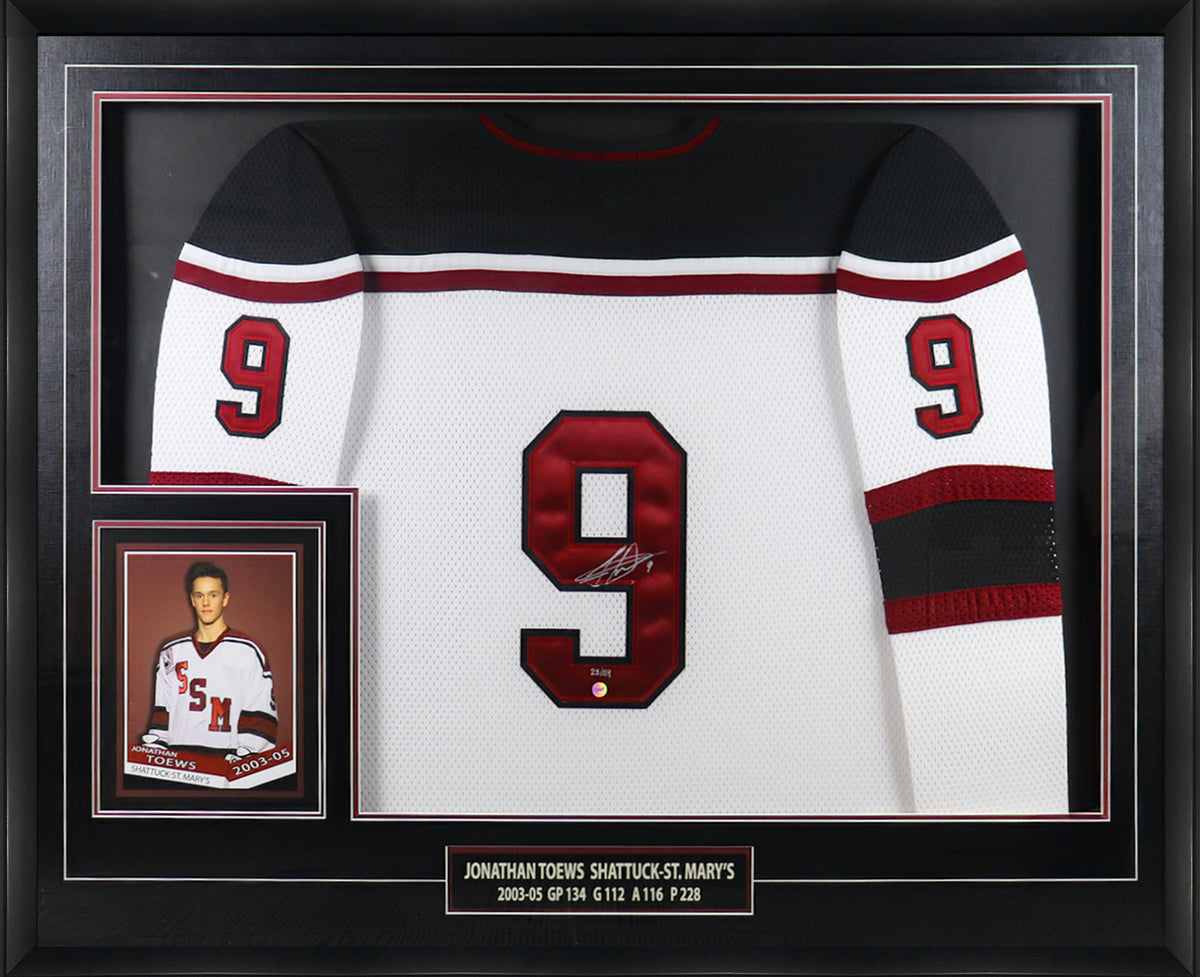 Jonathan Toews Signed Framed Shattuck St. Mary's White Jersey - AUCTION
