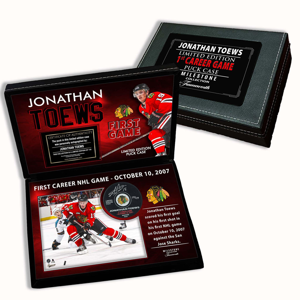 Jonathan Toews Signed Puck 1st Career Game, October 10, 2007 Chicago Blackhawks in a Deluxe Case (Limited Edition of 119) - AUCTION