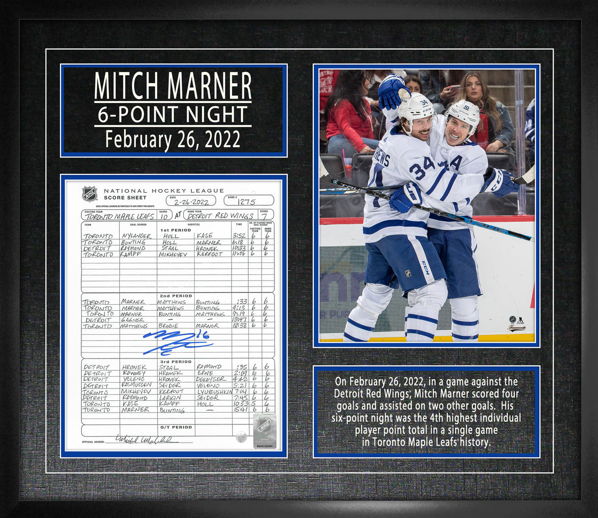 Mitch Marner Toronto Maple Leafs Signed Frame Six-Point Night Scoresheet - AUCTION