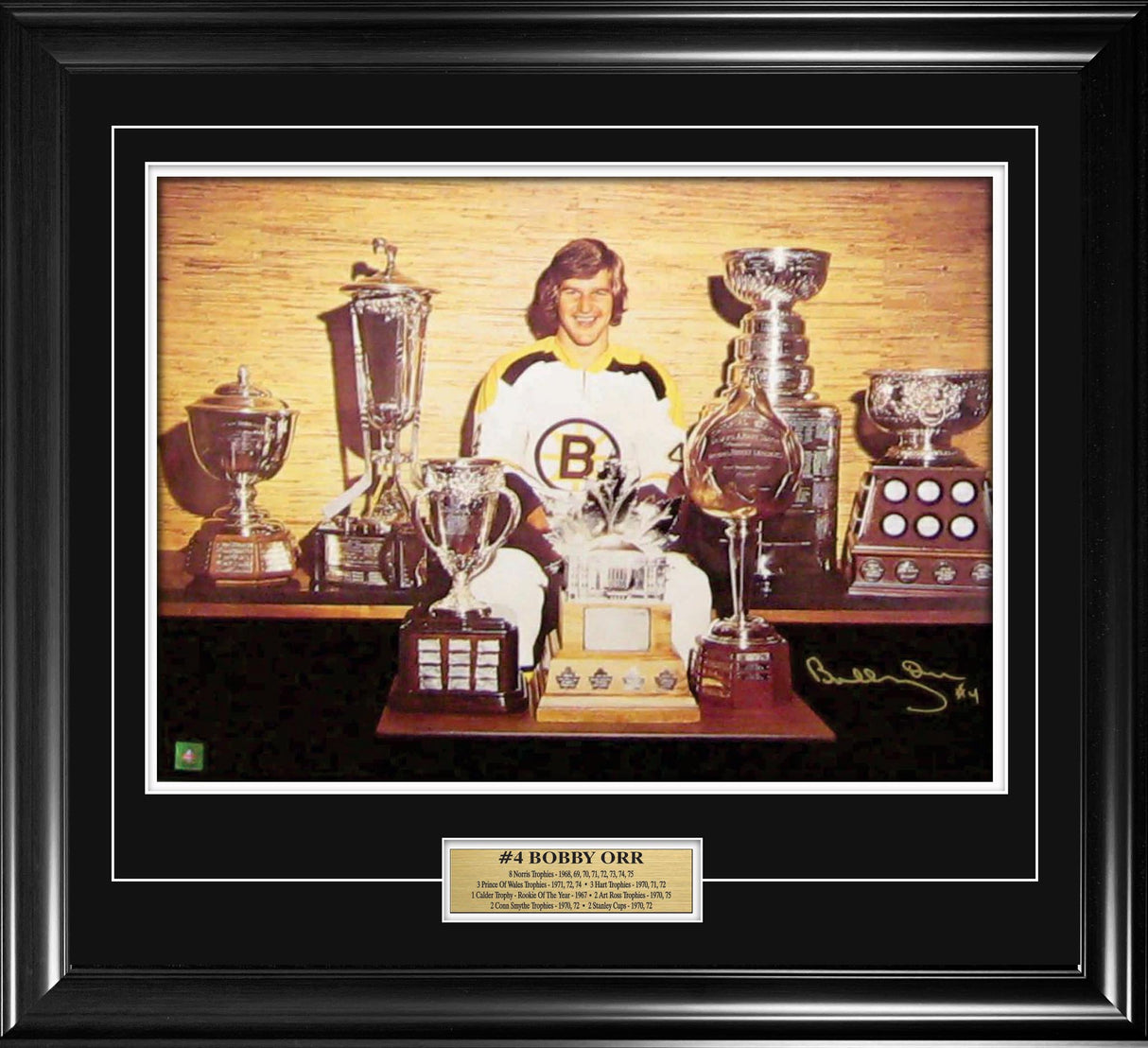 Bobby Orr Signed and Framed 18" x 24" Boston Bruins Trophies Photo - Frameworth Sports Canada