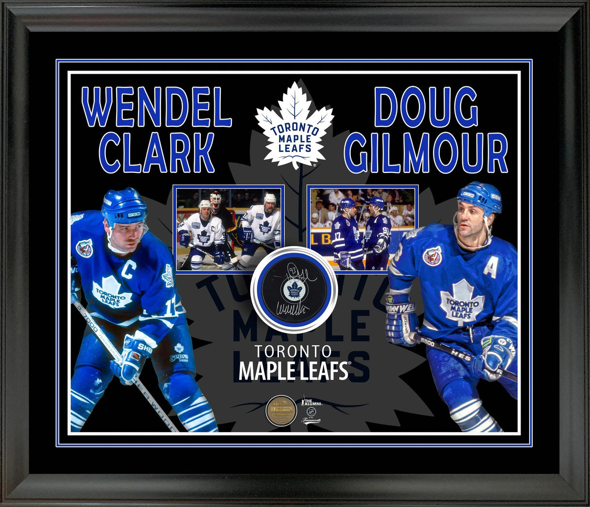 Doug Gilmour and Wendel Clark Dual-Signed Puck Framed PhotoGlass Maple Leafs