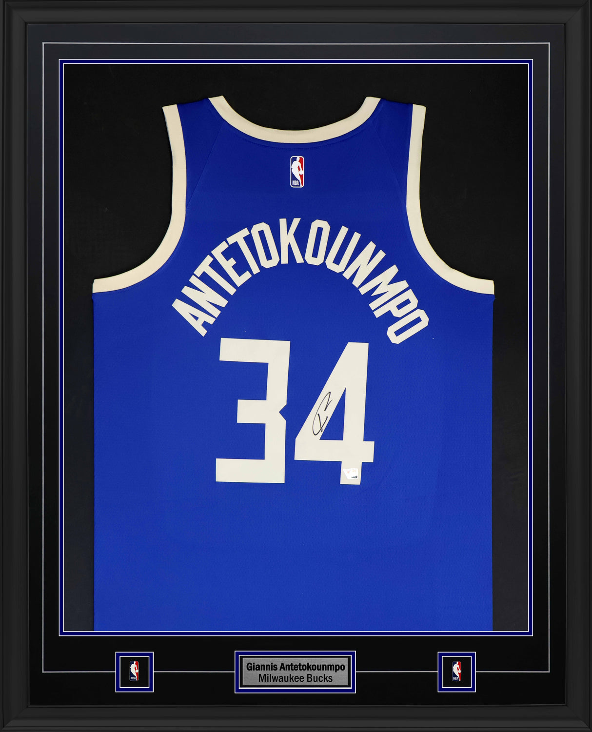 Giannis Antetokounmpo Signed Jersey Framed 34x42 Milwaukee Bucks Nike 2024-24 Blue City Edition Swingman - AUCTION