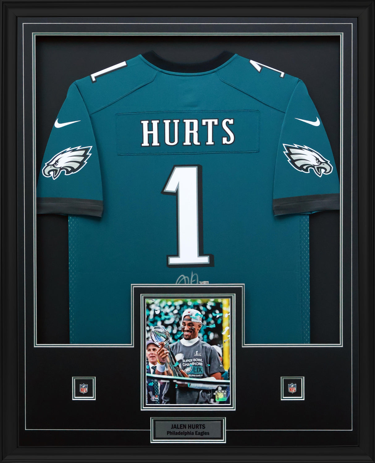 Jalen Hurts Signed Framed 34x42 Philadelphia Eagles Super Bowl LIX Champions Nike Green Game Jersey - AUCTION