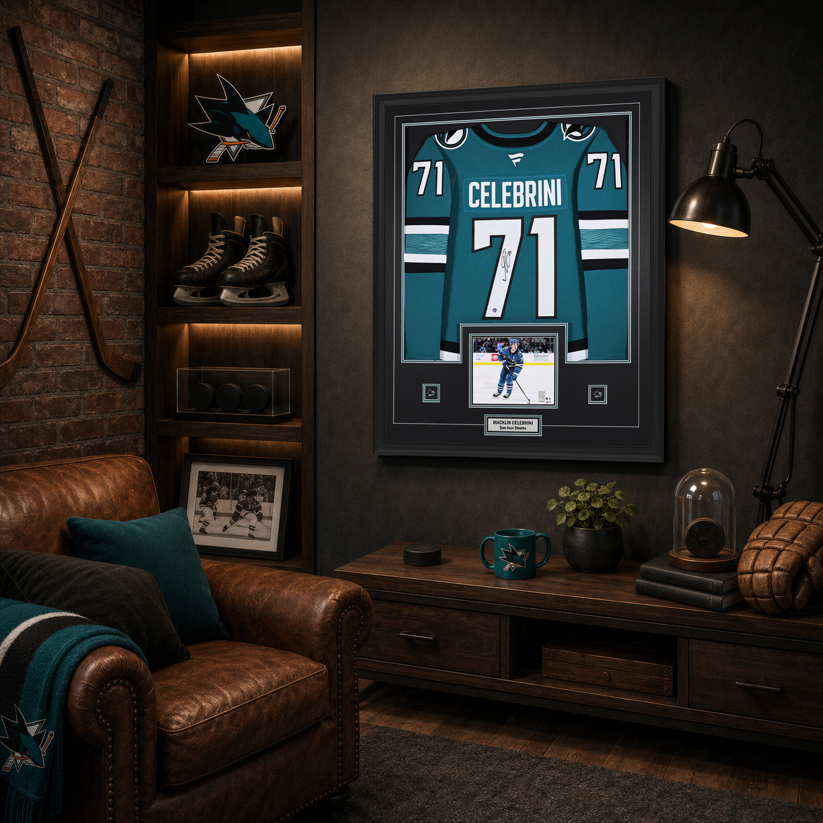 Macklin Celebrini Signed Framed 34x42 San Jose Sharks Home Fanatics Premium Jersey