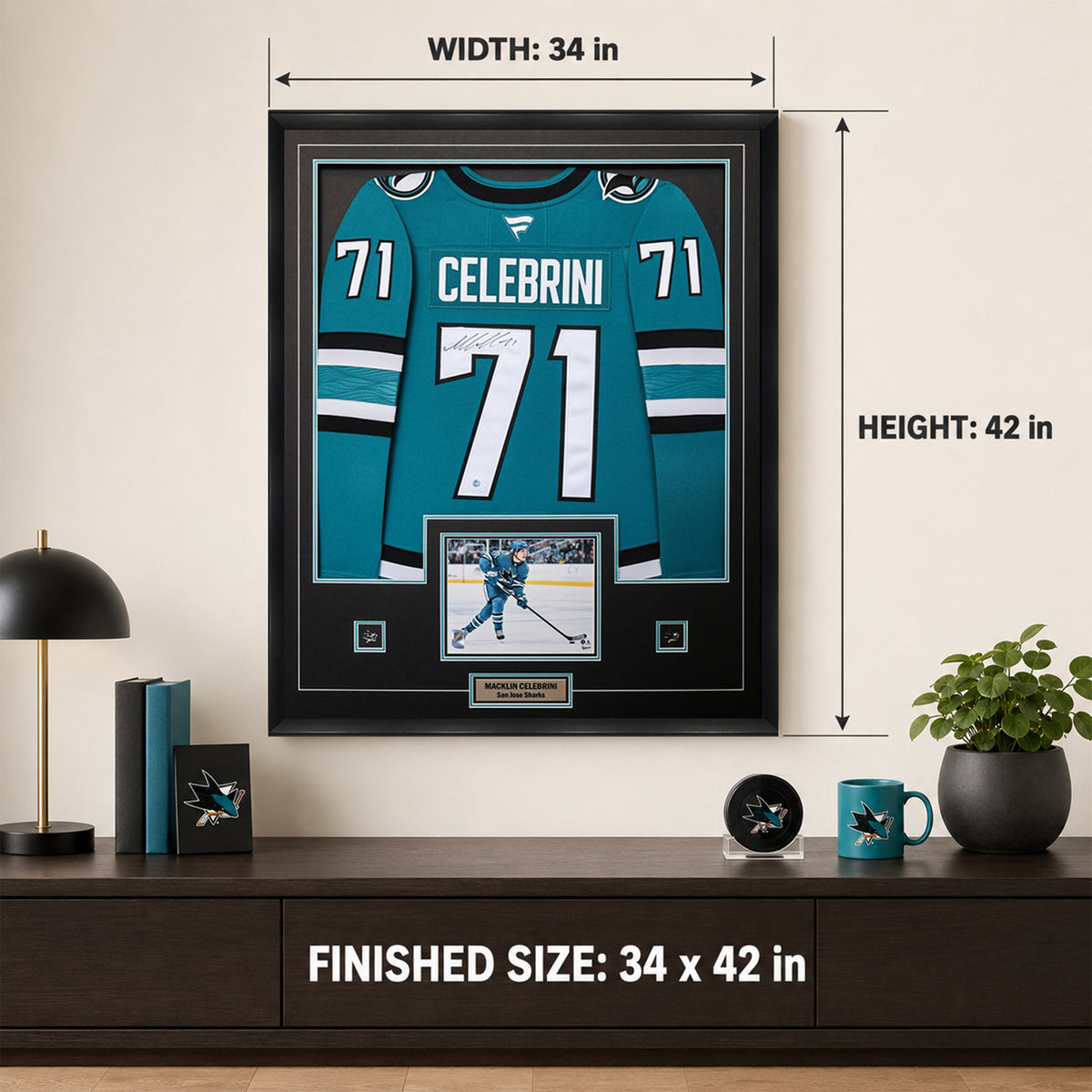 Macklin Celebrini Signed Framed 34x42 San Jose Sharks Home Fanatics Premium Jersey