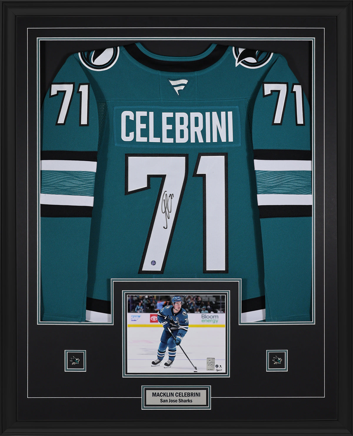 Macklin Celebrini Signed Framed 34x42 San Jose Sharks Home Fanatics Premium Jersey