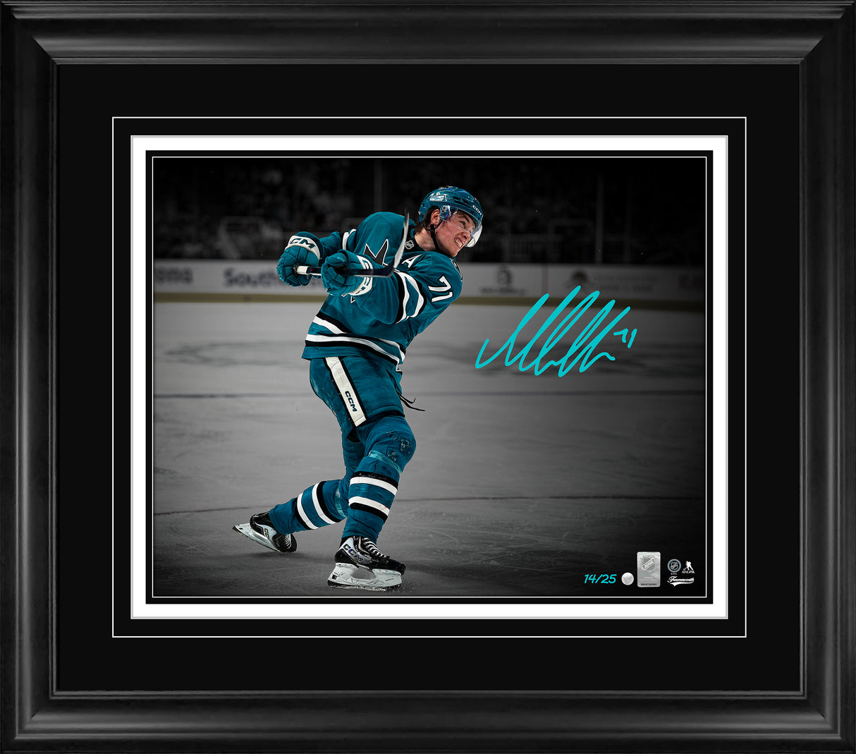Macklin Celebrini signed framed San Jose Sharks action hockey print