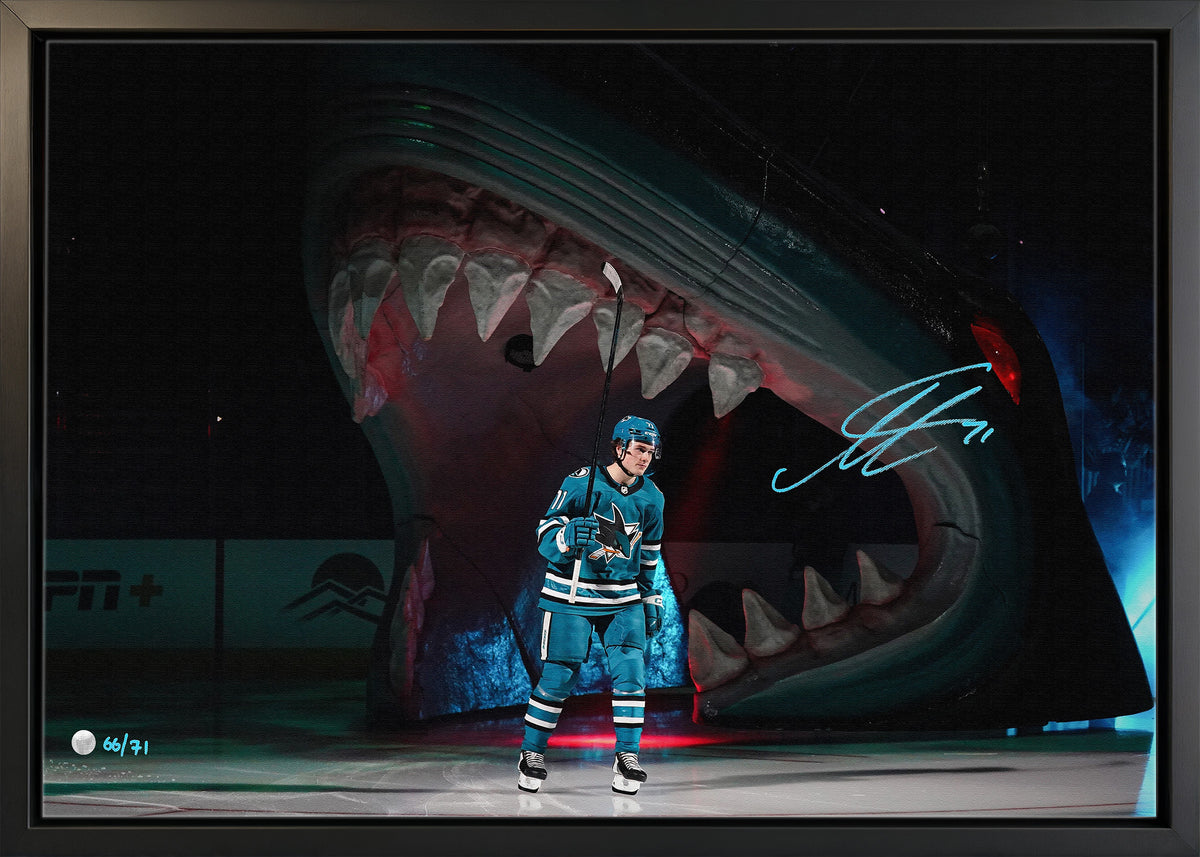 Macklin Celebrini Signed 20x29 Canvas Framed San Jose Sharks NHL Debut (Limited Edition of 71)