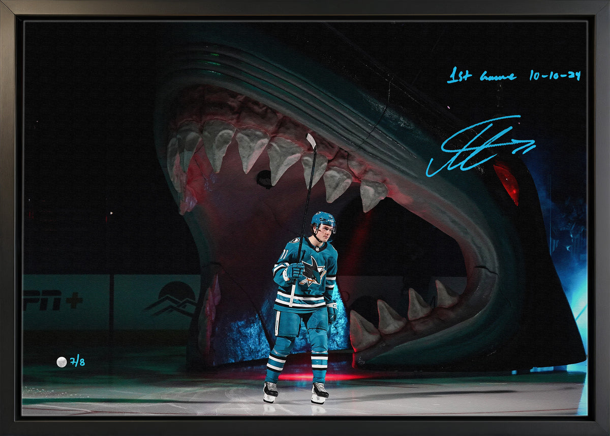 Macklin Celebrini Signed 20x29 Canvas Framed San Jose Sharks NHL Debut Insc. "1st Game 10-10-24" (Limited Edition of 8) - AUCTION