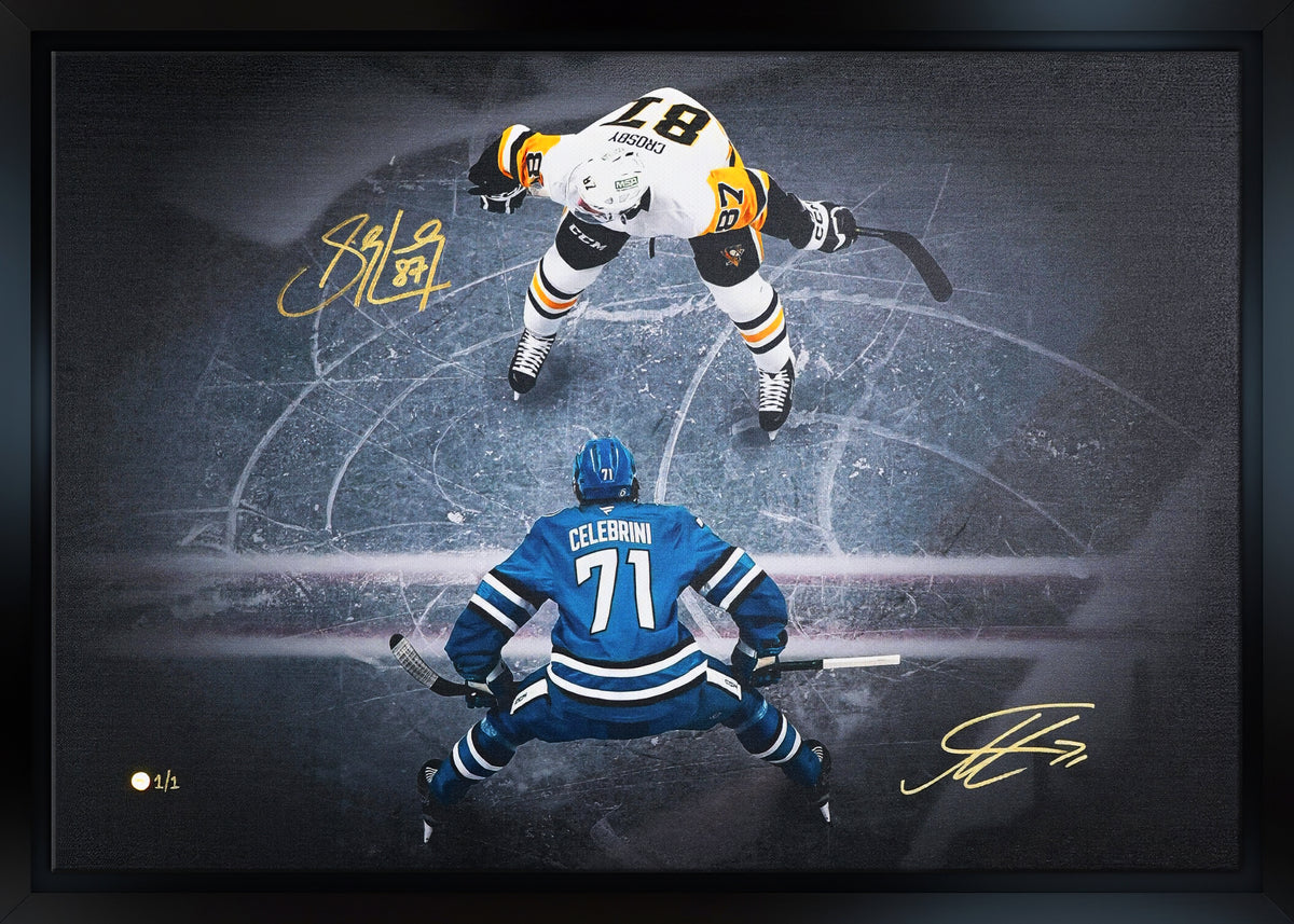 Macklin Celebrini and Sidney Crosby Dual Signed 24x36 Canvas Framed Face-Off Overhead (Limited Edition of 1) - AUCTION