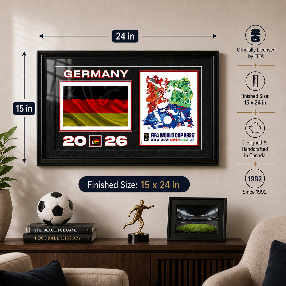 Germany 15x24 Frame 2026 Officially Licensed FIFA World Cup Poster w/ Flag — Wall-mounted lifestyle in a clean modern living room