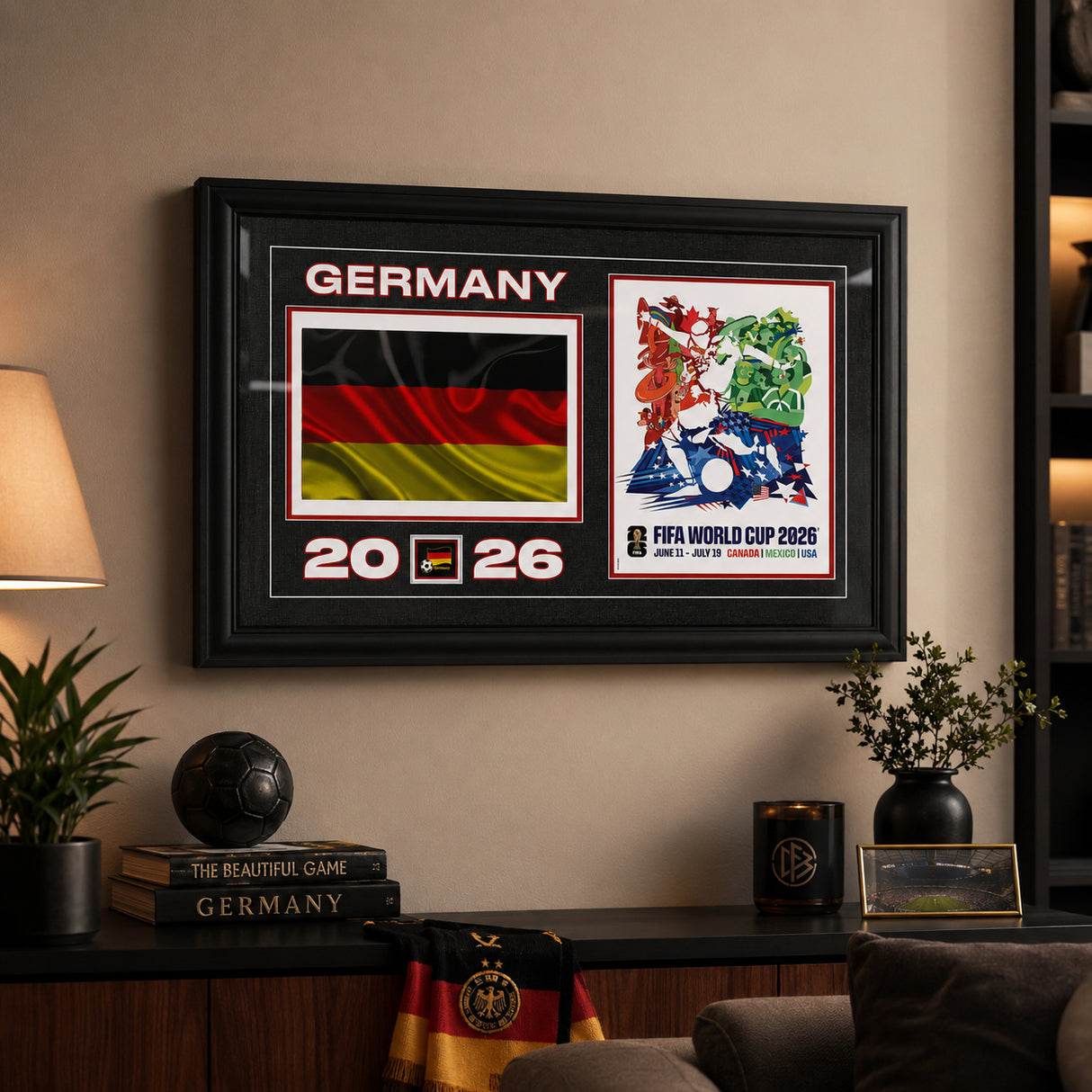 Germany 15x24 Frame 2026 Officially Licensed FIFA World Cup Poster w/ Flag — Installed above a console with home décor