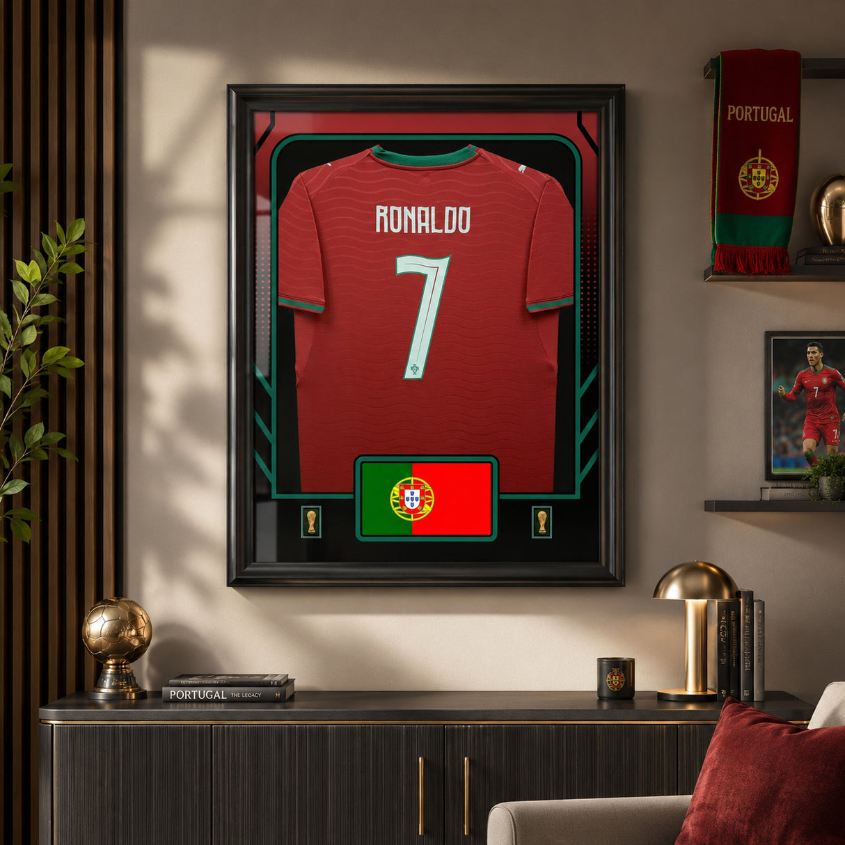 Cristiano Ronaldo Framed 25.75 x 33.75 FIFA World Cup 2026 Portugal Official Home Stadium Replica Puma Jersey - clean wall lifestyle display