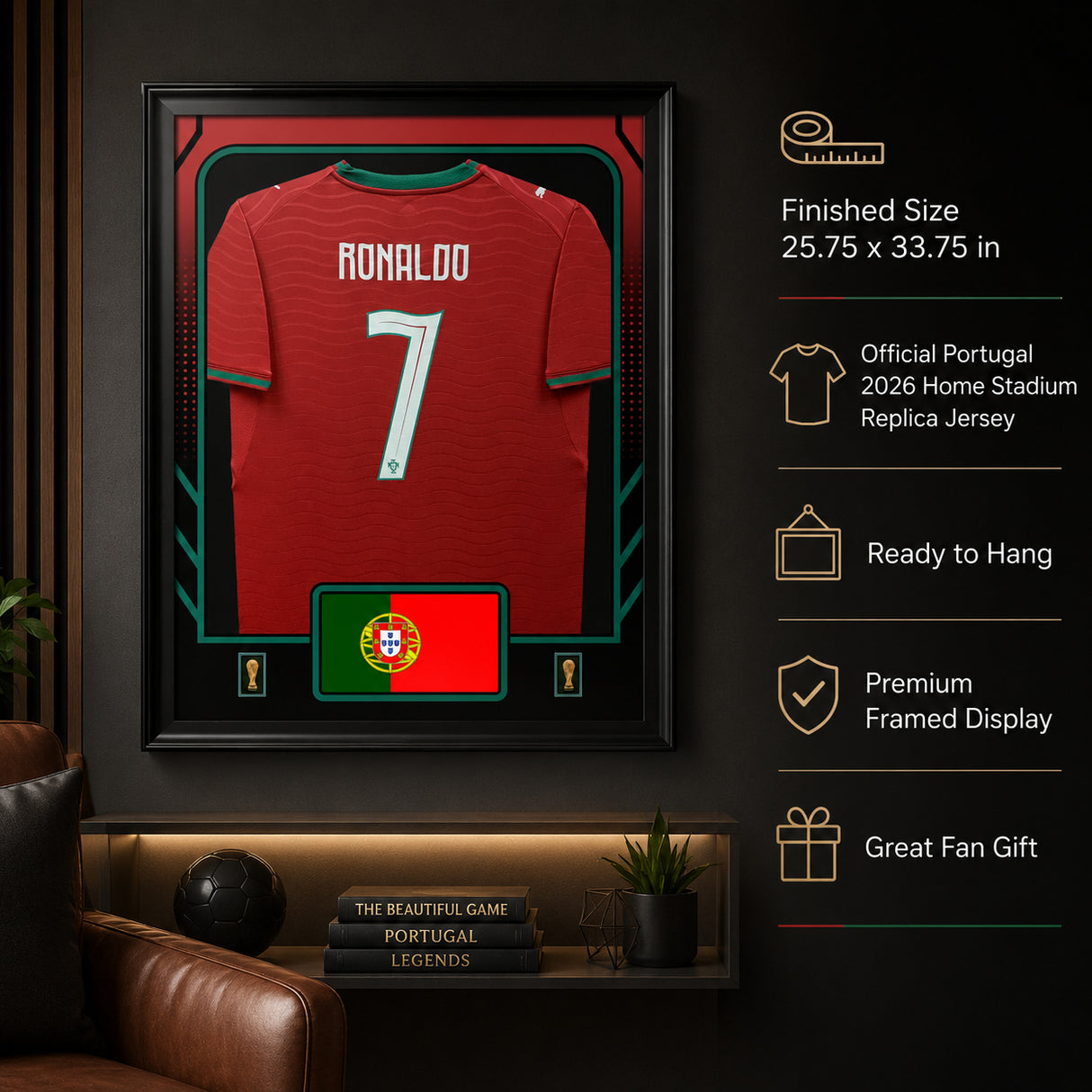 Cristiano Ronaldo Framed 25.75 x 33.75 FIFA World Cup 2026 Portugal Official Home Stadium Replica Puma Jersey - feature infographic