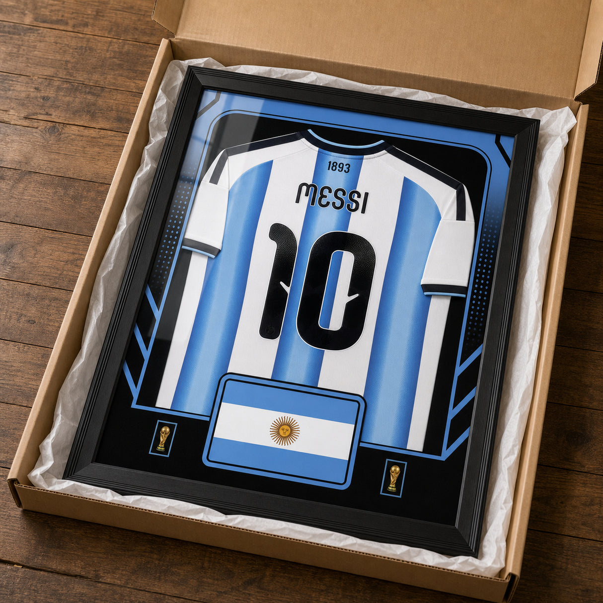 Lionel Messi Framed 25.75 x 33.75 FIFA World Cup 2026 Argentina Official Home Stadium Replica Adidas Jersey - packaging and unboxing view
