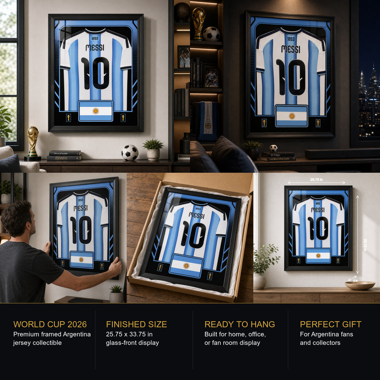 Lionel Messi Framed 25.75 x 33.75 FIFA World Cup 2026 Argentina Official Home Stadium Replica Adidas Jersey - premium collectible collage