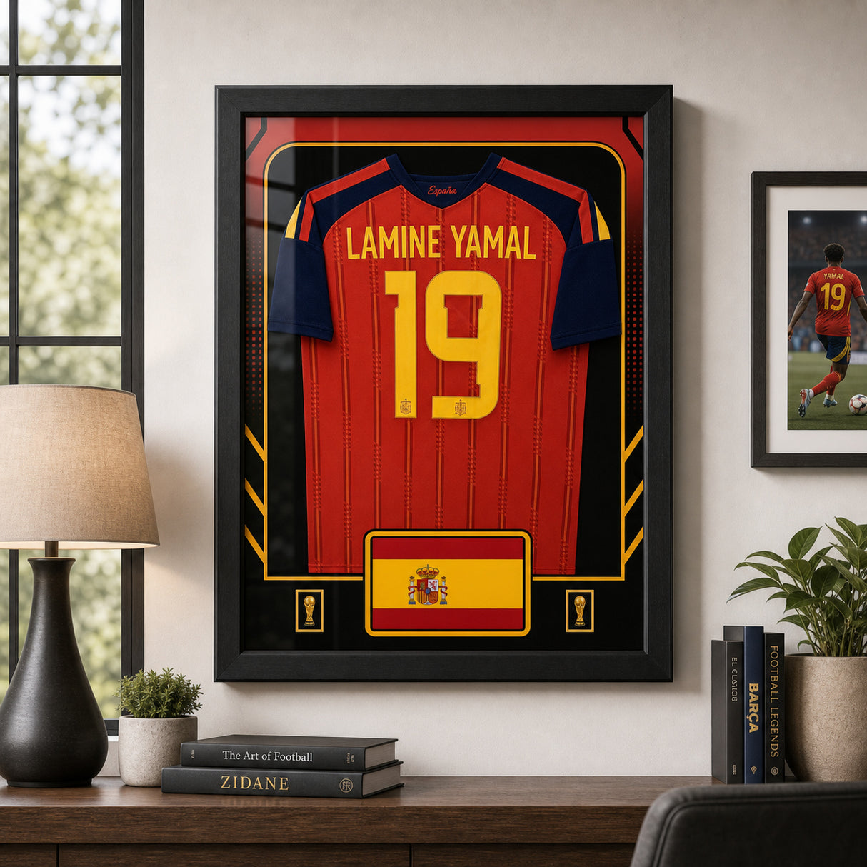 Lamine Yamal Spain 2026 framed jersey wall lifestyle image with decor