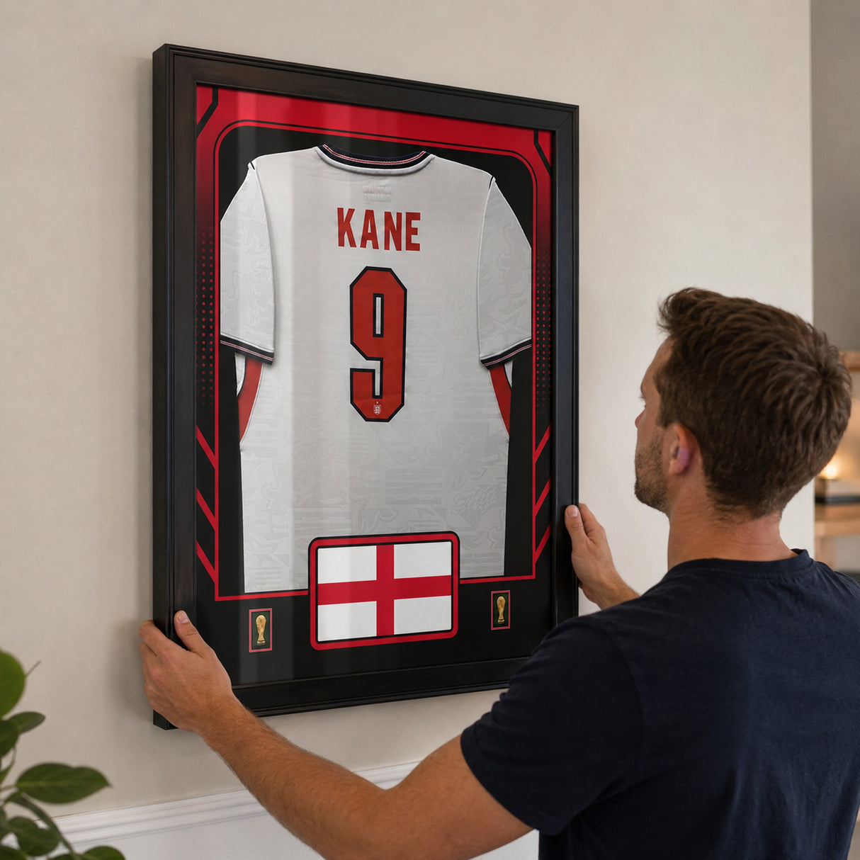 Harry Kane Framed 25.75 x 33.75 FIFA World Cup 2026 England Official Home Stadium Replica Nike Jersey - installation lifestyle detail