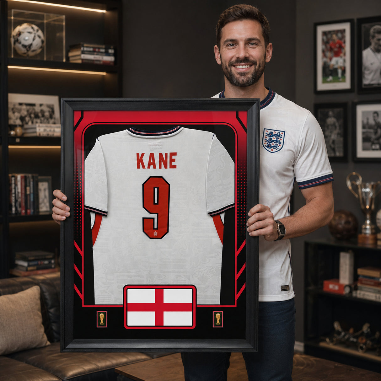 Harry Kane Framed 25.75 x 33.75 FIFA World Cup 2026 England Official Home Stadium Replica Nike Jersey - player holding lifestyle display