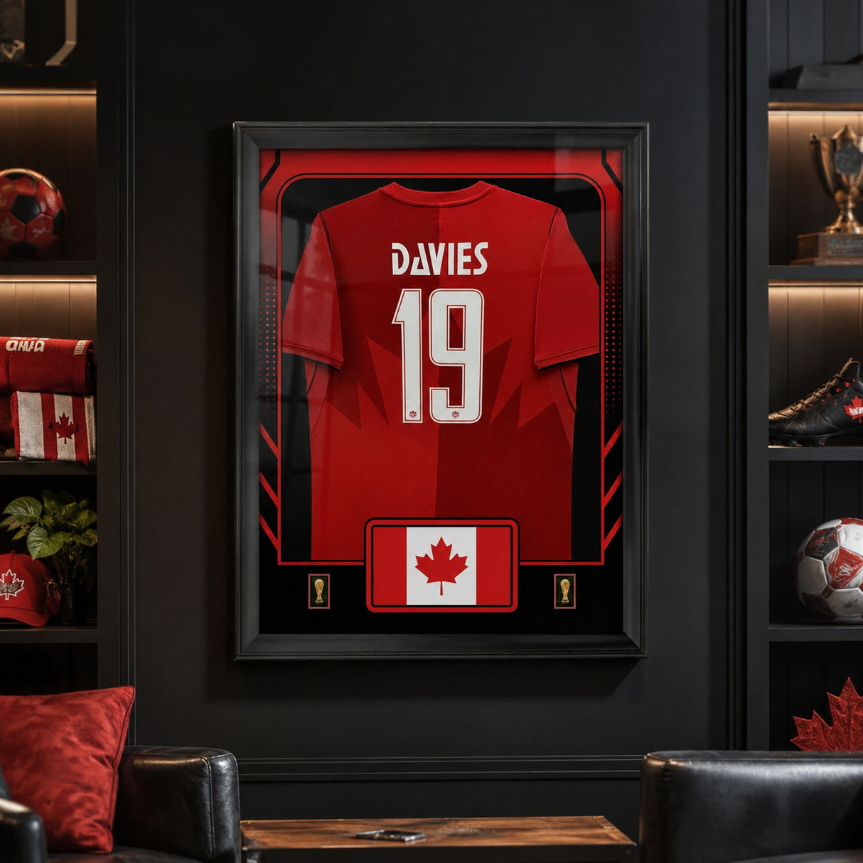 Alphonso Davies framed Canada FIFA World Cup 2026 jersey - Dark fan cave lifestyle display