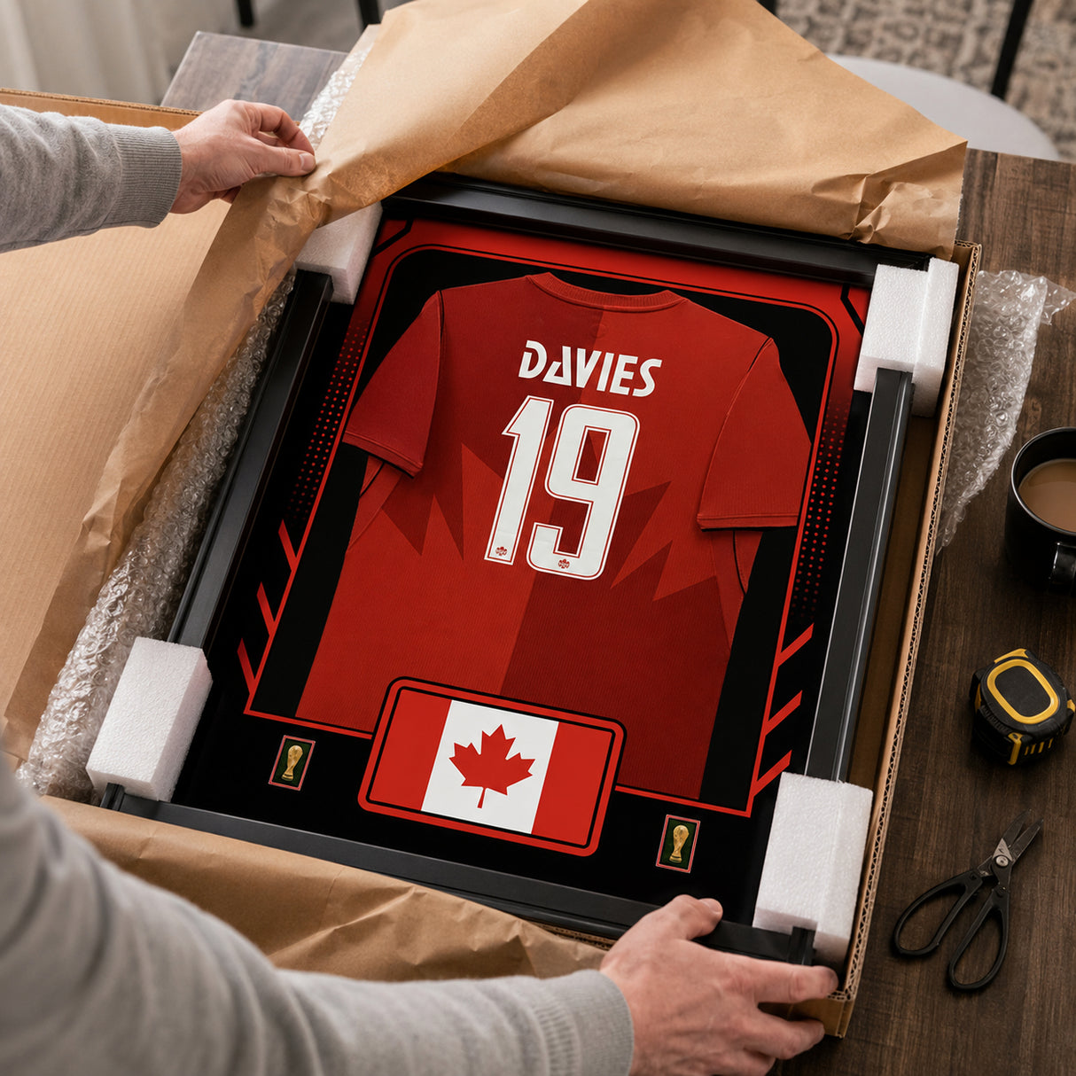 Alphonso Davies framed Canada FIFA World Cup 2026 jersey - Unboxing presentation in shipping packaging