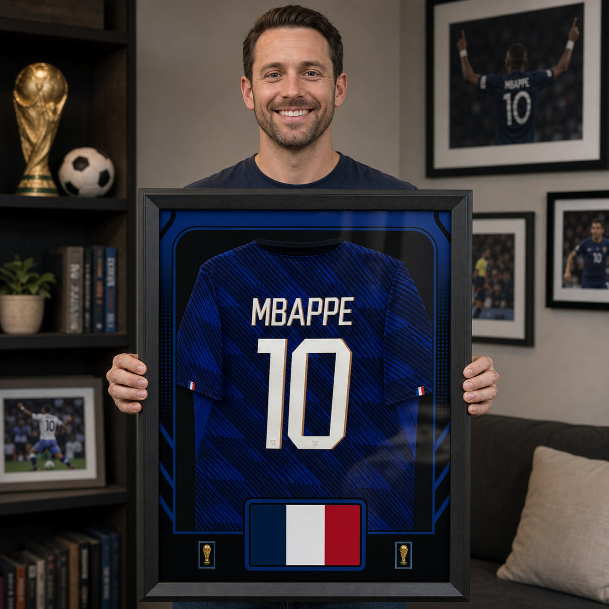 Kylian Mbappe France 2026 framed jersey held for scale lifestyle image