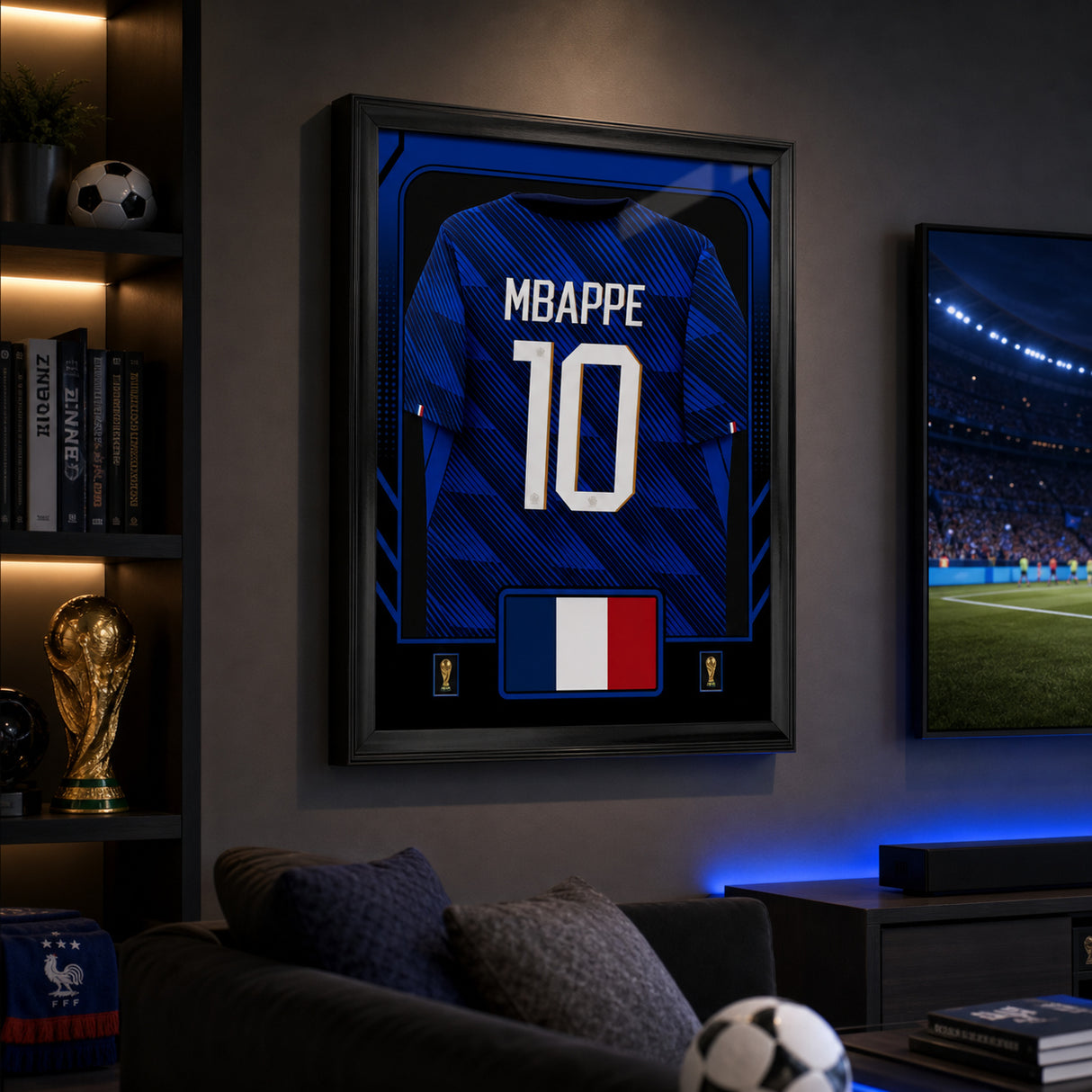 Kylian Mbappe France 2026 framed jersey dark fan room lifestyle image