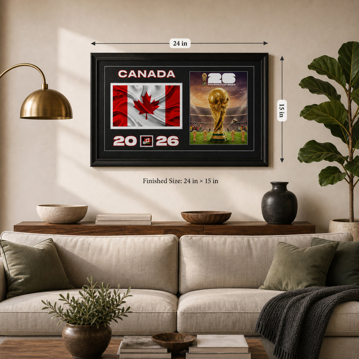 Team Canada 2026 World Cup Flag and Trophy framed print finished size lifestyle image