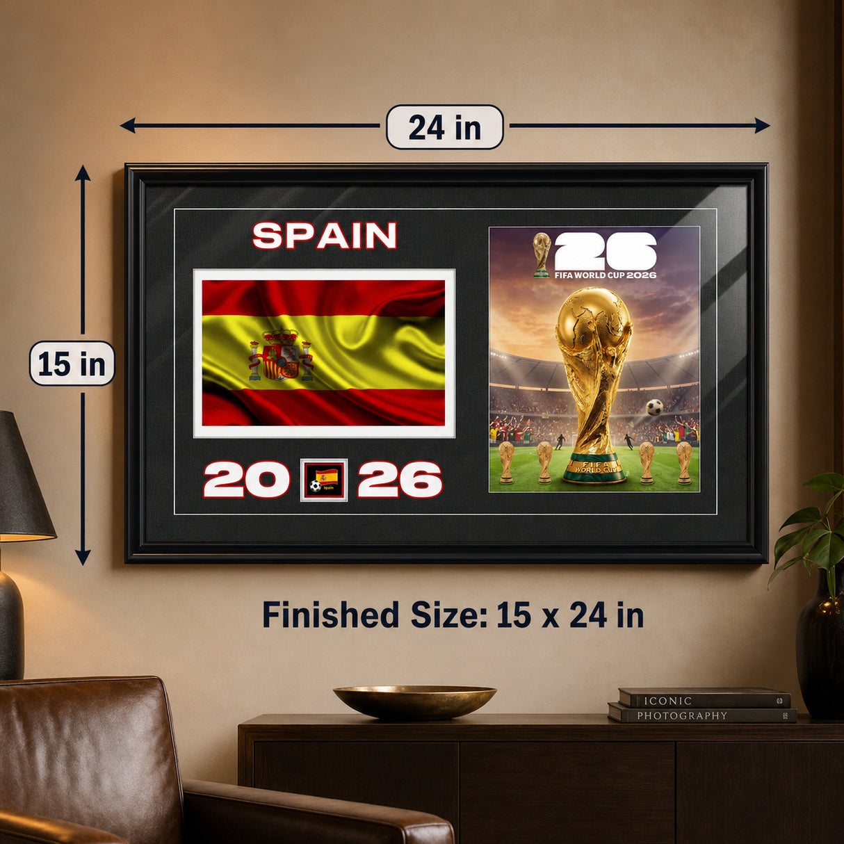 Team Spain 2026 World Cup Flag & Trophy Framed Print 15x24 — Finished size 24 by 15 inches
