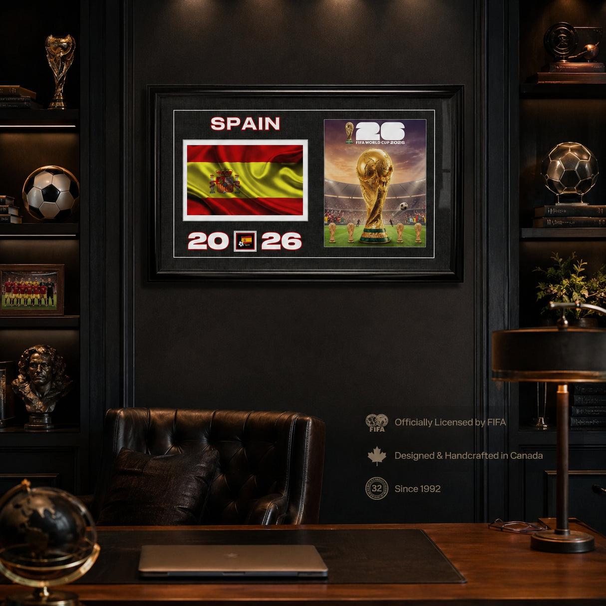 Team Spain 2026 World Cup Flag & Trophy Framed Print 15x24 — Displayed in a fan cave with mood lighting