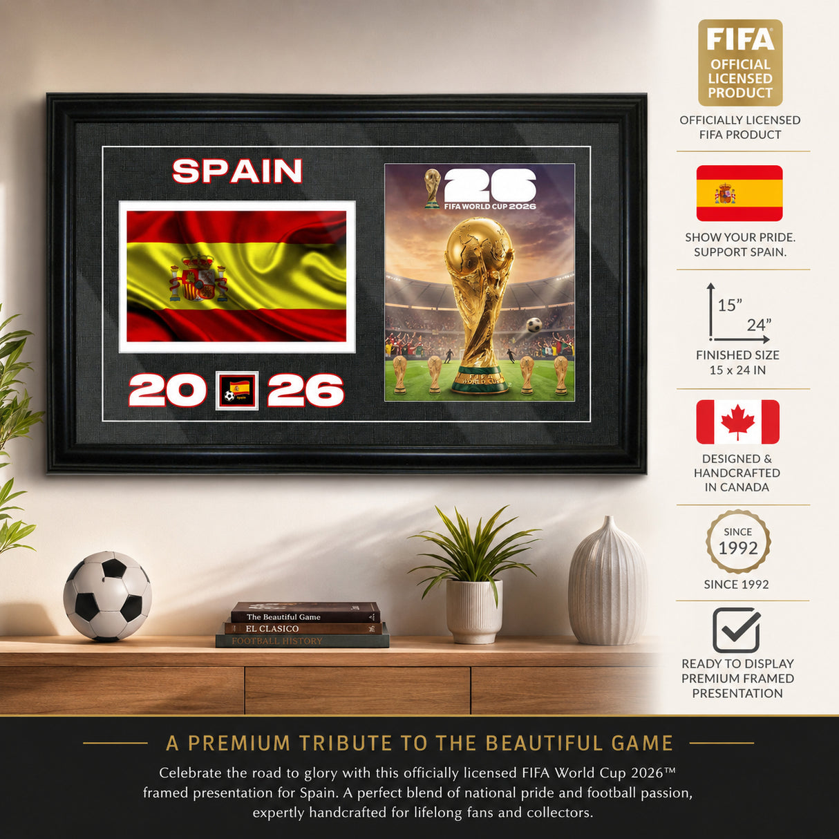 Team Spain 2026 World Cup Flag & Trophy Framed Print 15x24 — Hero image with dimensions and finish callouts
