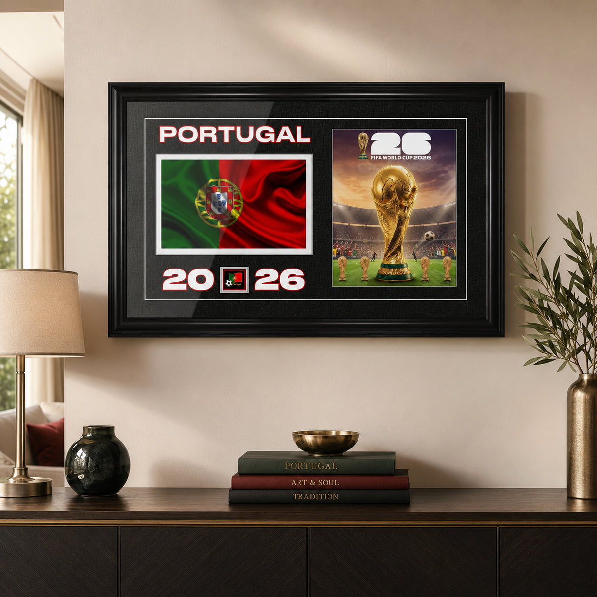 Team Portugal 2026 World Cup Flag & Trophy Framed Print 15x24 — Wall-mounted lifestyle in a clean modern living room