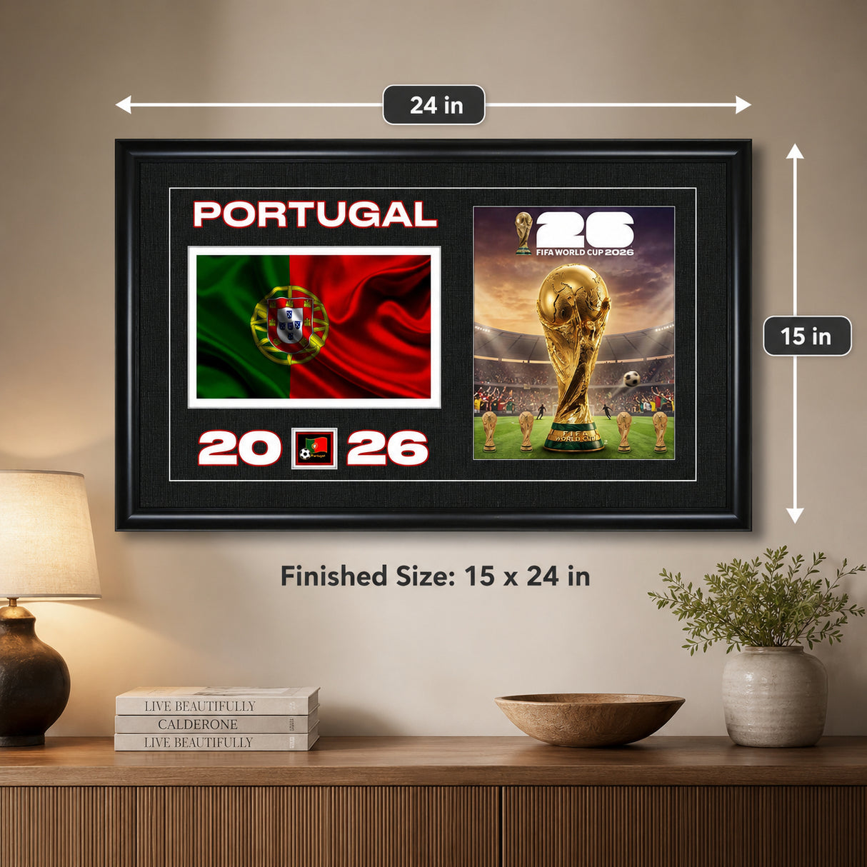 Team Portugal 2026 World Cup Flag & Trophy Framed Print 15x24 — Finished size 24 by 15 inches