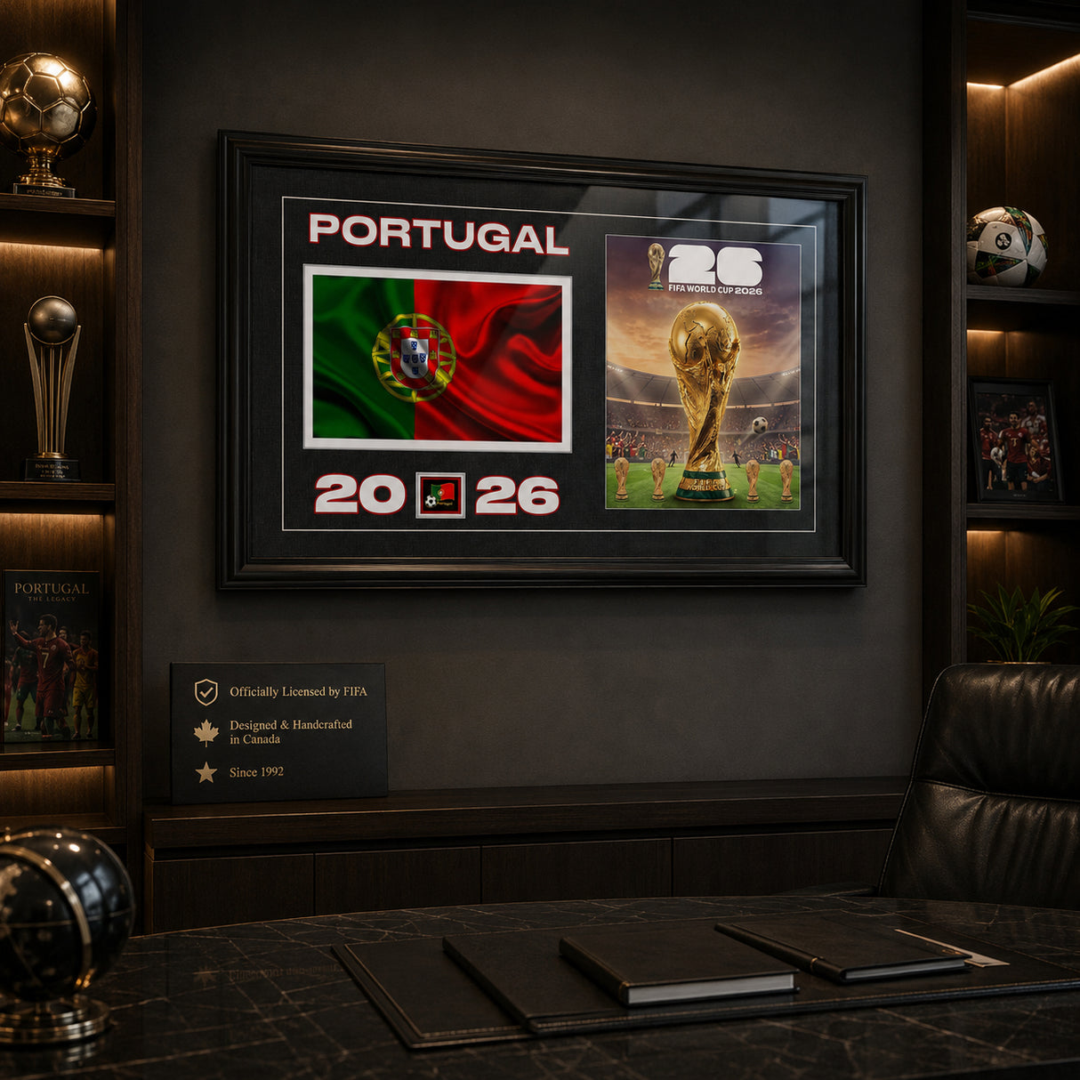 Team Portugal 2026 World Cup Flag & Trophy Framed Print 15x24 — Displayed in a fan cave with mood lighting