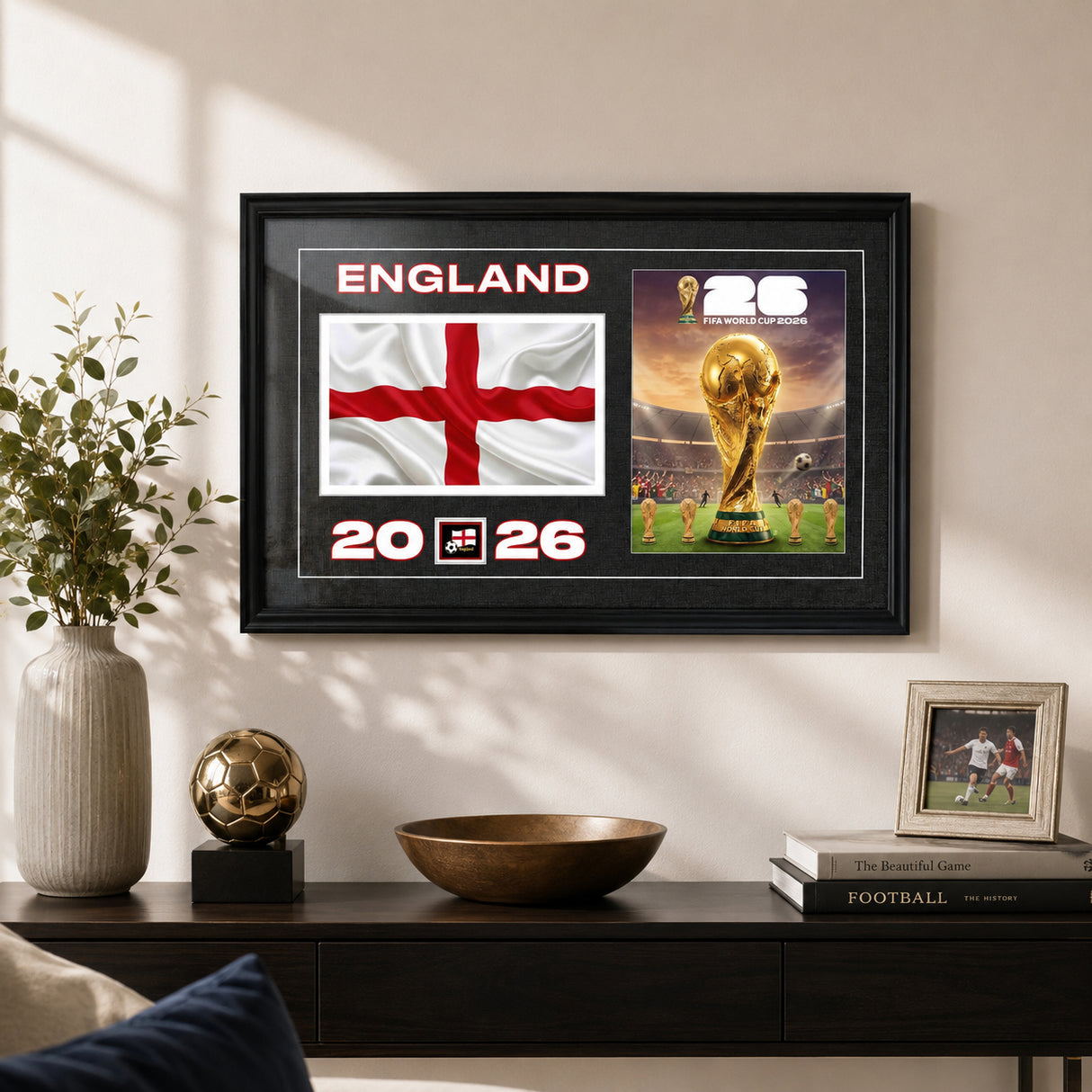 Team England 2026 World Cup Flag & Trophy Framed Print 15x24 — Wall-mounted lifestyle in a clean modern living room